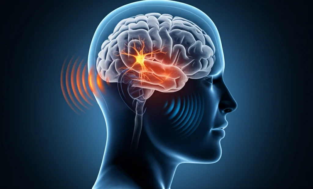 Primo piano del profilo laterale di una testa umana stilizzata, con onde sonore colorate che entrano nell'orecchio e si trasformano in segnali neurali confusi nel cervello, rappresentando l'acufene. Illuminazione controllata, stile fotorealistico, obiettivo macro 60mm, alta definizione.