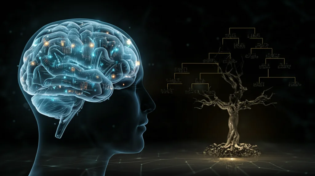 Un cervello umano stilizzato fatto di circuiti luminosi accanto a un albero genealogico evolutivo classico, simboleggiando l'intreccio tra evoluzione biologica e intelligenza artificiale. Illuminazione drammatica laterale, obiettivo 50mm, focus nitido su entrambi gli elementi.