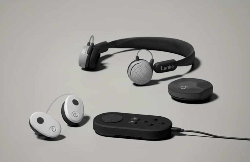 Fotografia still life del dispositivo Lenire: le cuffie Bluetooth, il controller portatile e il Tonguetip appoggiati su una superficie pulita e neutra. Illuminazione da studio controllata, obiettivo macro 85mm, alta definizione, messa a fuoco precisa sui dettagli del dispositivo.