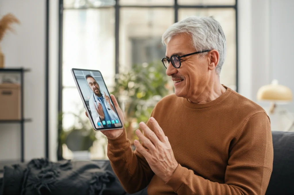 Ritratto di una persona di mezza età sorridente che guarda lo schermo di un tablet durante una videochiamata con un audiologo. Espressione di sollievo e speranza. Obiettivo prime 35mm, profondità di campo ridotta per sfocare lo sfondo, luce naturale morbida da una finestra.