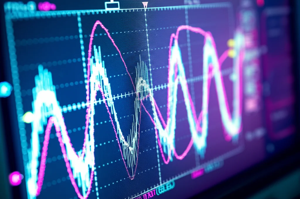 Visualizzazione astratta di un'onda di tensione distorta su un oscilloscopio digitale, che mostra la curva e le linee tangenti che formano un'area di inviluppo, colori duotone ciano e magenta, profondità di campo, prime lens 35mm.