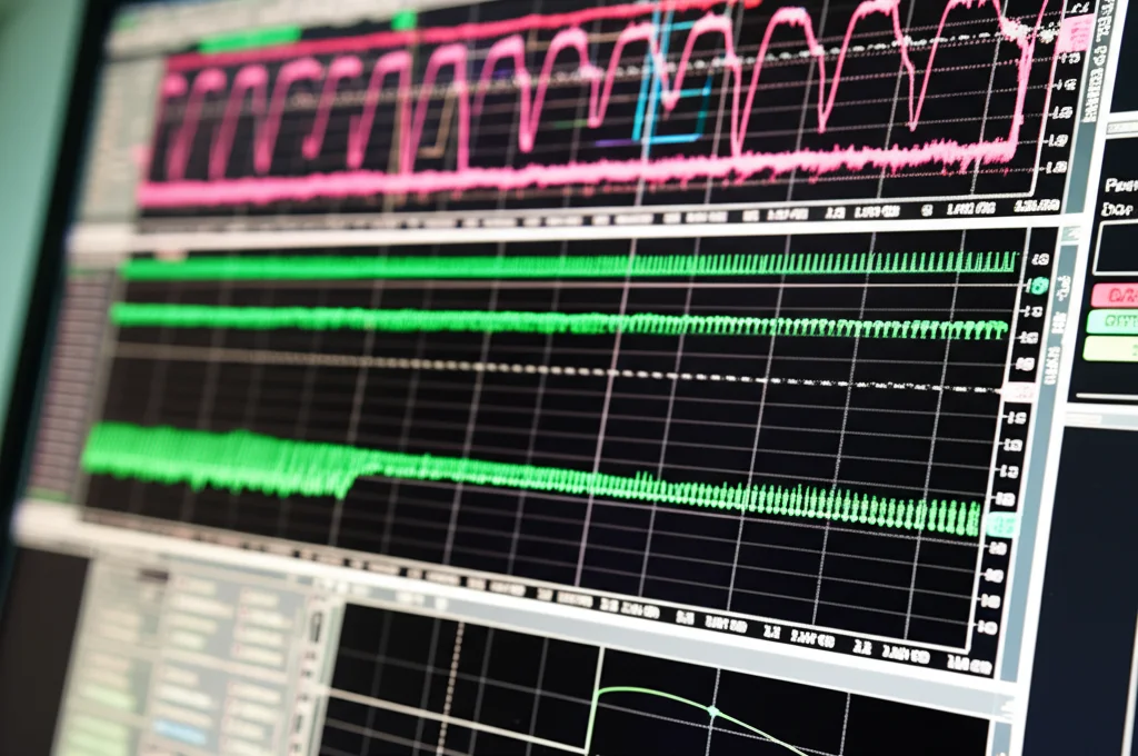 Primo piano di uno schermo di computer che mostra grafici complessi di simulazione di una rete elettrica HVDC durante un evento di guasto, con forme d'onda di tensione e corrente, alta definizione, illuminazione da ufficio controllata, macro lens 60mm.