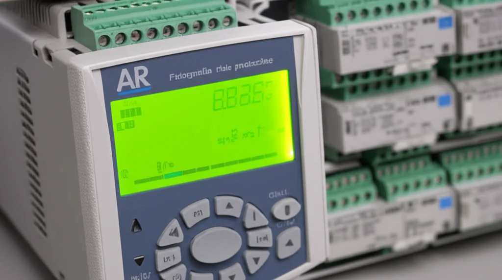 Fotografia still life di un moderno relè di protezione digitale su un banco di lavoro tecnico, messa a fuoco precisa sui terminali e sul display illuminato, illuminazione controllata e dettagliata, macro lens 85mm.