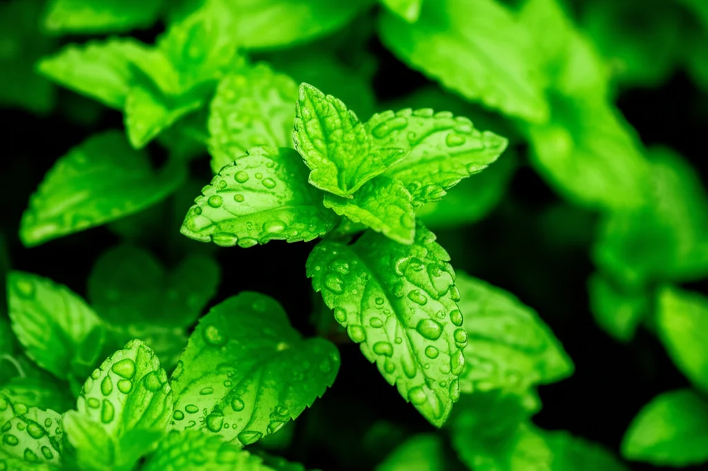 Immagine macro fotorealistica della pianta Scutellaria barbata (Banzhilian) in un campo umido, gocce di rugiada sulle foglie verdi brillanti, obiettivo macro 105mm, alta definizione, illuminazione naturale controllata, focus preciso sulla texture della foglia.