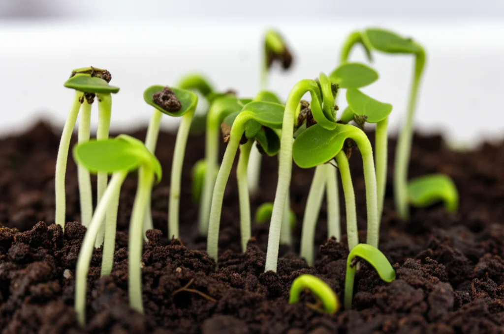 Fotografia macro di piccole piantine che spuntano dalla terra fertile in un ambiente di laboratorio luminoso e pulito, obiettivo 105mm, alta definizione sui germogli e sulla terra, illuminazione controllata che simboleggia la crescita, la vita e le nuove possibilità legate alla fertilità e alla riproduzione assistita.