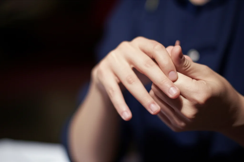 Primo piano di mani che eseguono un segno complesso della lingua dei segni cinese, catturate con un obiettivo prime da 35mm, profondità di campo ridotta per sfocare lo sfondo, illuminazione controllata per evidenziare i dettagli del movimento.