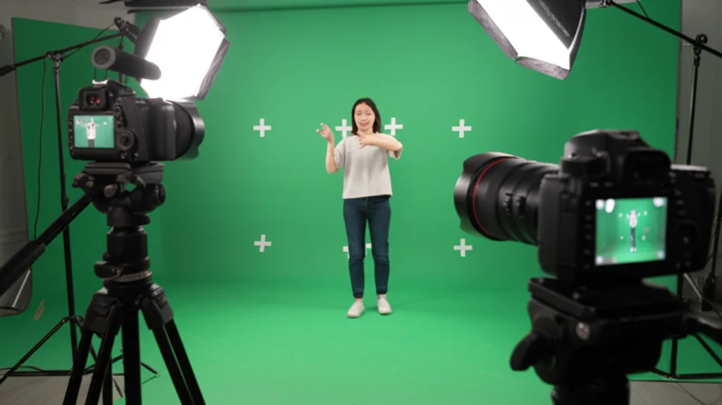 Studio di registrazione con schermo verde, due telecamere HD posizionate frontalmente e lateralmente rispetto a una persona che esegue un segno della lingua dei segni cinese, illuminazione professionale da studio, obiettivo zoom 24-70mm per catturare l'intera scena.