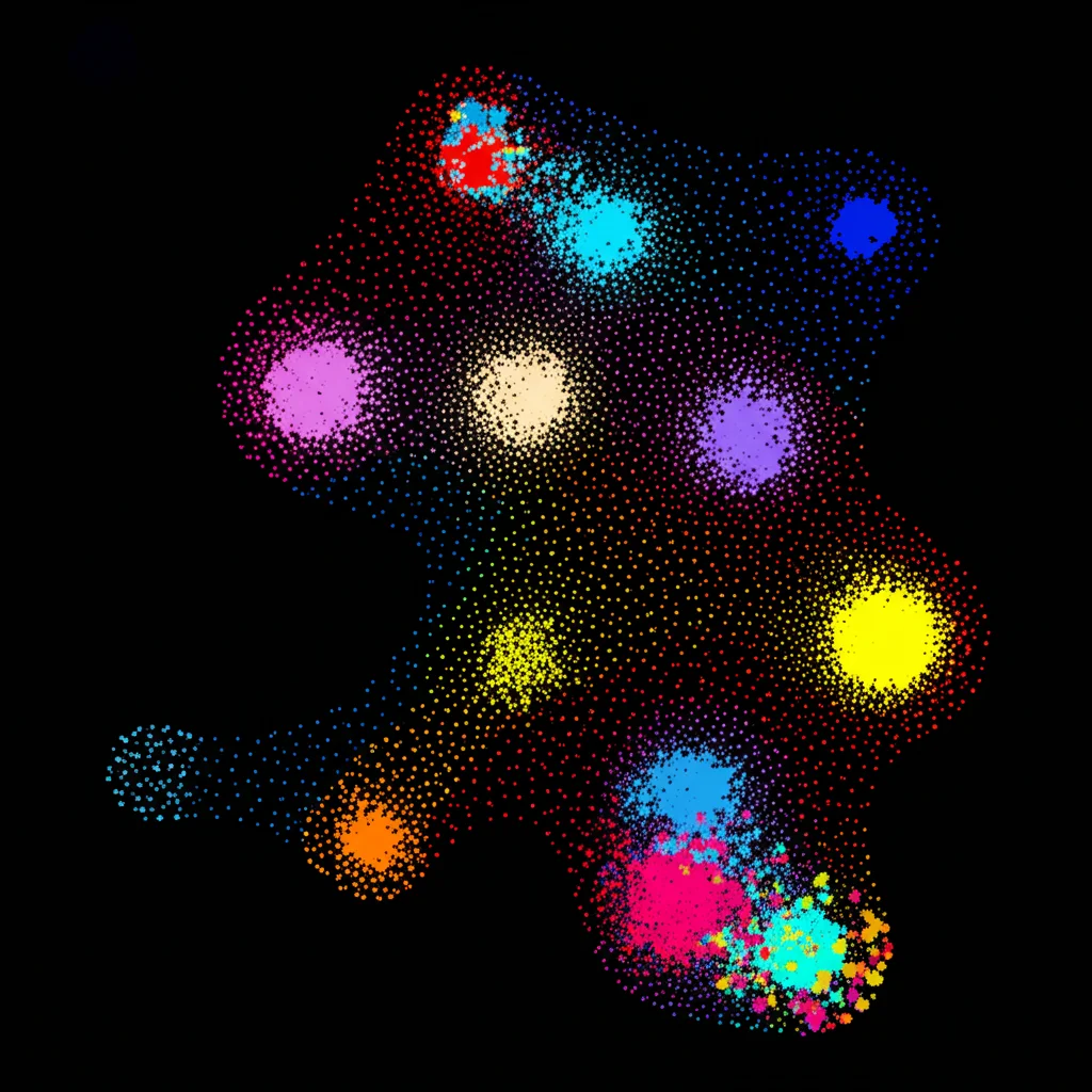Visualizzazione astratta di dati clusterizzati tramite t-SNE, punti colorati che formano gruppi distinti su uno sfondo scuro, stile high-tech, resa fotorealistica di un concetto astratto.