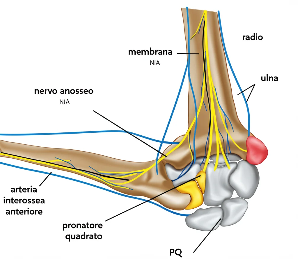 Schema anatomico dettagliato di una sezione trasversale dell'avambraccio distale. Sono evidenziati il radio, l'ulna, la membrana interossea, il muscolo pronatore quadrato (PQ), il nervo interosseo anteriore (NIA) e l'arteria interossea anteriore (AIA) nella loro posizione relativa. Lente macro 60mm, alta definizione, stile illustrazione medica.