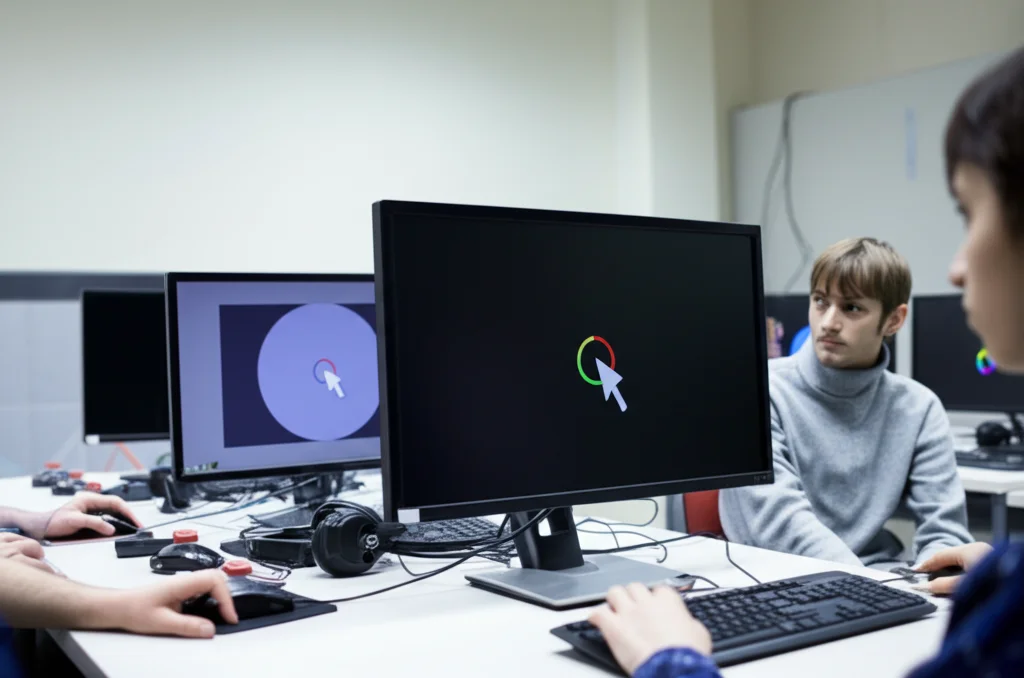 Immagine fotorealistica di due gruppi di persone in stanze separate, visibilmente concentrati su schermi di computer durante l'esperimento del Nested Neuron Game. Un gruppo osserva uno schermo con un cursore e un bersaglio, l'altro gruppo preme dei pulsanti guardando uno schermo diverso. Illuminazione da laboratorio controllata, profondità di campo ridotta per focalizzare sui partecipanti, obiettivo prime 35mm.