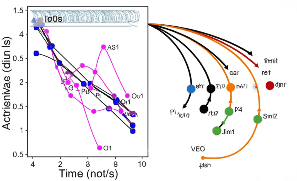 Visualizzazione astratta di dati scientifici che mostra linee di tendenza crescenti per metriche come il tasso di miglioramento e l'informazione mutua nel tempo. Accanto, diagrammi a corda illustrano la correlazione tra le azioni dei giocatori, con corde più spesse tra giocatori simili. Dettaglio elevato, messa a fuoco precisa sui grafici, illuminazione da studio.