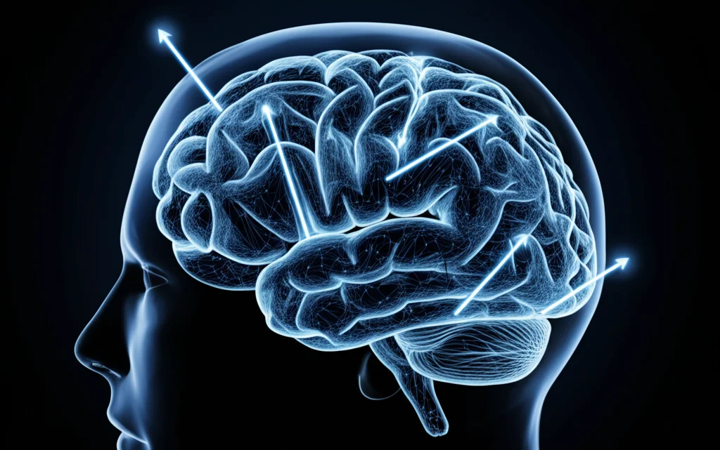 Illustrazione concettuale fotorealistica di una rete gerarchica multilivello che ricorda una struttura cerebrale stilizzata. Frecce luminose indicano il flusso bidirezionale di informazioni tra un livello 'sensore' superiore e un livello 'attore' inferiore. Obiettivo grandangolare 24mm per dare un senso di scala, illuminazione drammatica con contrasti netti.