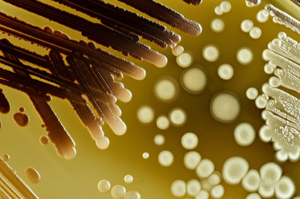 Macro fotografia di diverse colonie batteriche colorate che crescono su una piastra di Petri, illuminazione laterale controllata per enfatizzare le texture, obiettivo macro 100mm, alta definizione dei dettagli, rappresentazione visiva della diversità del microbioma cutaneo.