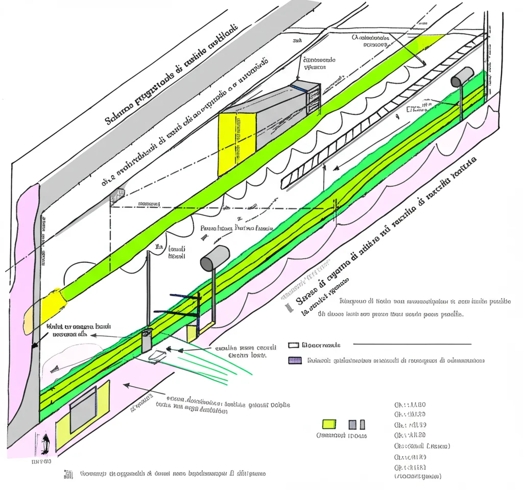 Schema progettuale di una zona umida artificiale a flusso superficiale, con vasca di sedimentazione iniziale, diverse vasche parallele con canneti e bacino finale di raccolta acqua trattata. Disegno tecnico, vista dall'alto.
