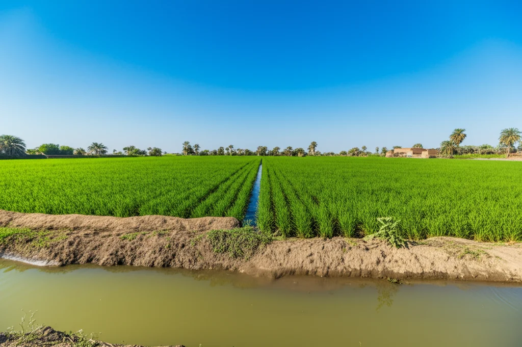 Campo agricolo fertile nel Delta del Nilo irrigato con acqua pulita proveniente da un canale. Colture verdi e rigogliose sotto un cielo sereno. Obiettivo zoom 50mm, colori saturi, messa a fuoco nitida sulle colture.