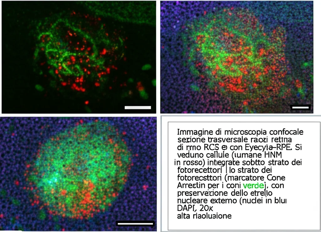 Immagine di microscopia confocale di una sezione trasversale di retina di ratto RCS trattato con Eyecyte-RPE. Si vedono cellule umane (marcatore HNM in rosso) integrate sotto lo strato dei fotorecettori (marcatore Cone Arrestin per i coni in verde), con preservazione dello strato nucleare esterno (nuclei in blu DAPI). Lente 20x, alta risoluzione.
