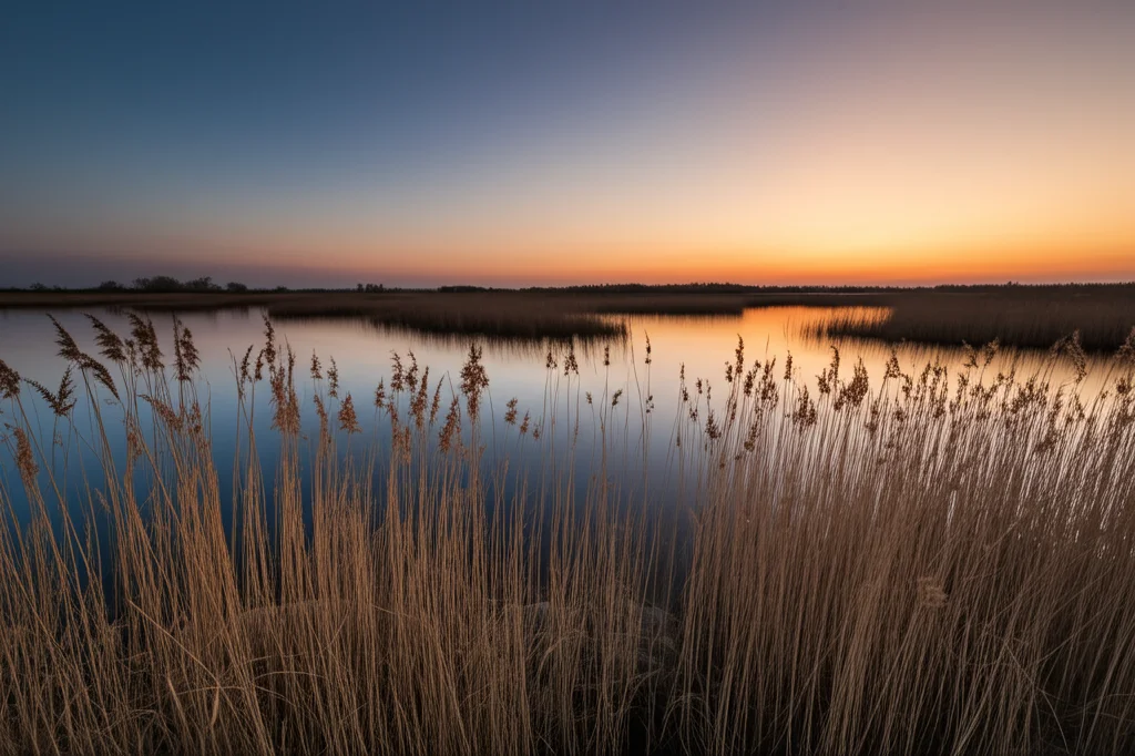 Veduta panoramica di una vasta zona umida artificiale al tramonto, con canneti che si riflettono sull'acqua calma. Colori caldi del cielo. Obiettivo grandangolare 18mm, lunga esposizione per acqua effetto seta, messa a fuoco nitida.