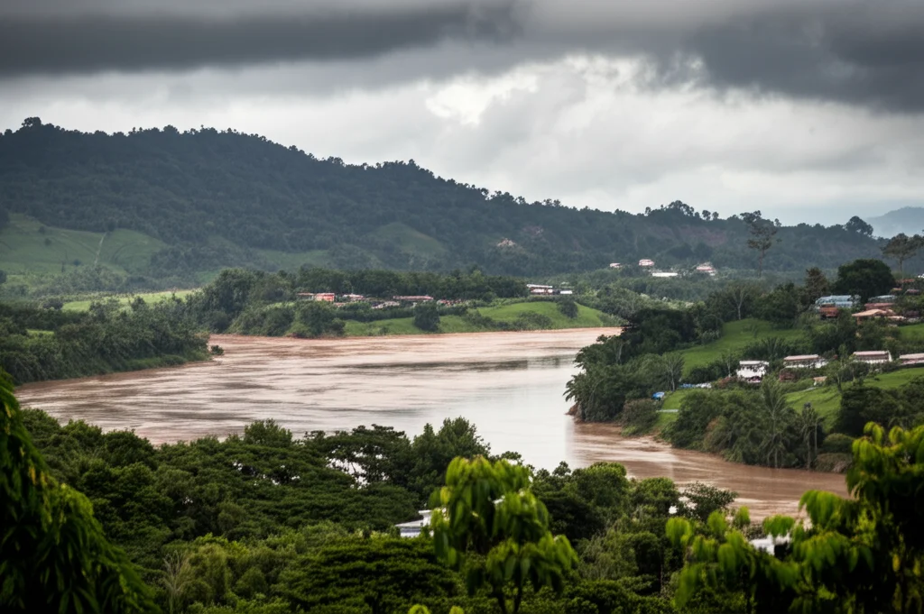 Fotografia grandangolare di un paesaggio rurale remoto e difficile in Colombia, forse nel Chocó, con un fiume fangoso come unica via di comunicazione visibile, sotto un cielo nuvoloso. Obiettivo grandangolare 18mm, messa a fuoco nitida, luce naturale drammatica che simboleggia l'isolamento.