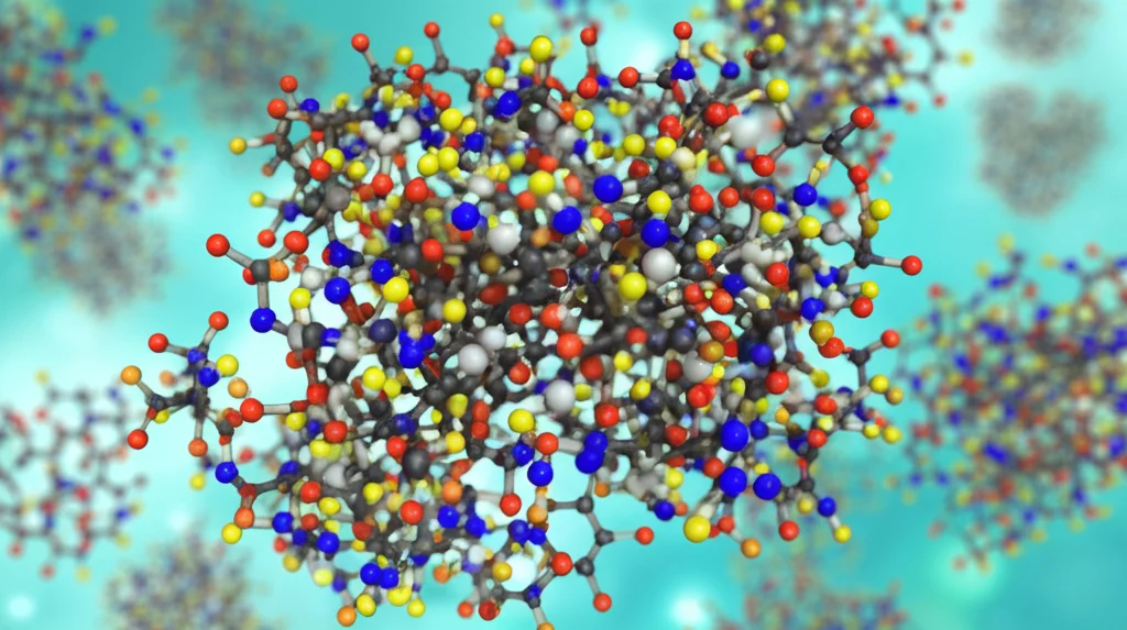 Visualizzazione al computer di uno screening virtuale di milioni di molecole chimiche su uno schermo ad alta definizione, stile scientifico fotorealistico, colori brillanti che evidenziano le molecole candidate.
