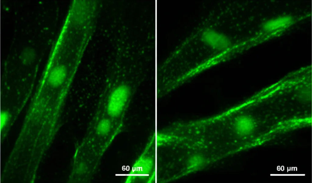 Immagini al microscopio a fluorescenza che mostrano filamenti di F-actina. Una immagine mostra fasci spessi (controllo positivo), un'altra mostra filamenti disorganizzati (con l'inibitore Z1362873773). Obiettivo macro 60mm, alta definizione, colori verde fluorescente su sfondo scuro.