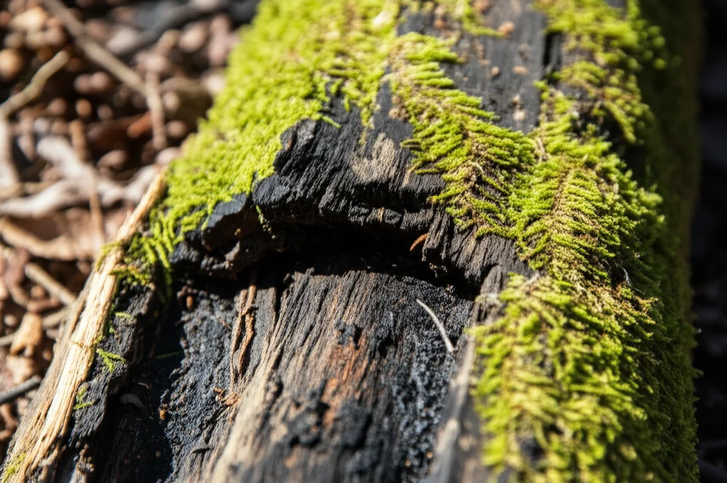 Lenti macro, 85 mm, dettagli elevati, focalizzazione precisa sull'interfaccia tra un grande tronco abbattuto e il terreno incendiante bruciato sotto di esso in una foresta che si riprende 5 anni dopo un incendio. L'illuminazione naturale controllata evidenzia il contrasto della trama tra legno e terreno. Il muschio verde sparso inizia a crescere sul tronco.
