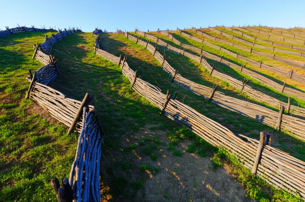 Paesaggio grandangolare, obiettivo da 20 mm, focus acuto su una collina bruciata nell'Italia centrale che mostra sia tronchi carbonizzati caduti naturalmente sparsi casualmente e artificialmente costruiti con le barriere di erosione dei tronchi (LEBS) perpendicolari al pendio. La spara vegetazione erbacea copre il terreno. La luce del tardo pomeriggio creando lunghe ombre, enfatizzando i contorni del terreno.