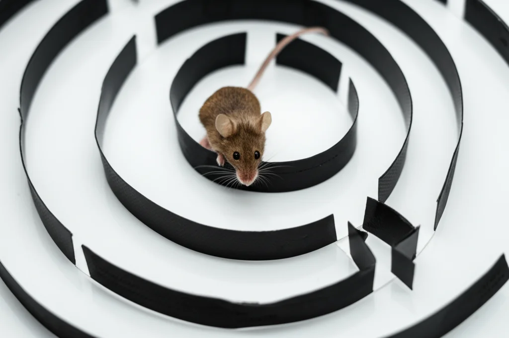 Fotografia macro di un topolino C57BL/6J in un labirinto Open Field Test (OFT) in un laboratorio, illuminazione controllata per minimizzare lo stress (20 lux), messa a fuoco precisa sul topo al centro dell'arena, alta risoluzione.