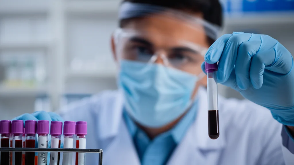 Primo piano di un tecnico di laboratorio che analizza campioni di sangue per i parametri di coagulazione e i livelli di citochine in un contesto di ricerca sulla terapia CAR T, lente macro 60mm, high detail.