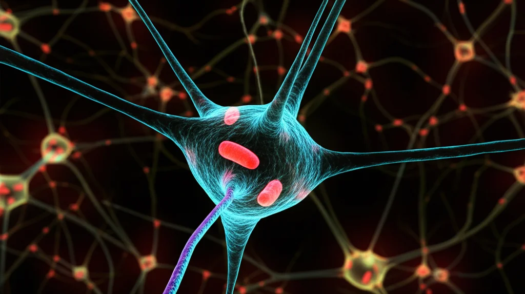 Visualizzazione 3D di mitocondri all'interno di un neurone dell'ippocampo, con colori brillanti che indicano un'elevata attività metabolica (produzione di ATP), focus selettivo sui mitocondri, sfondo scuro per enfatizzare le strutture illuminate, alta risoluzione.