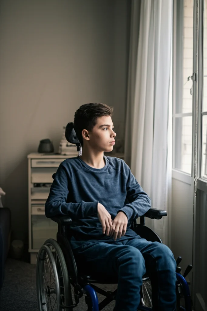 Ritratto ambientato di un adolescente con paralisi cerebrale seduto su una sedia a rotelle, mentre riflette pensieroso guardando fuori da una finestra, luce naturale pomeridiana, obiettivo 35mm, stile film noir con contrasto accentuato e ombre profonde.