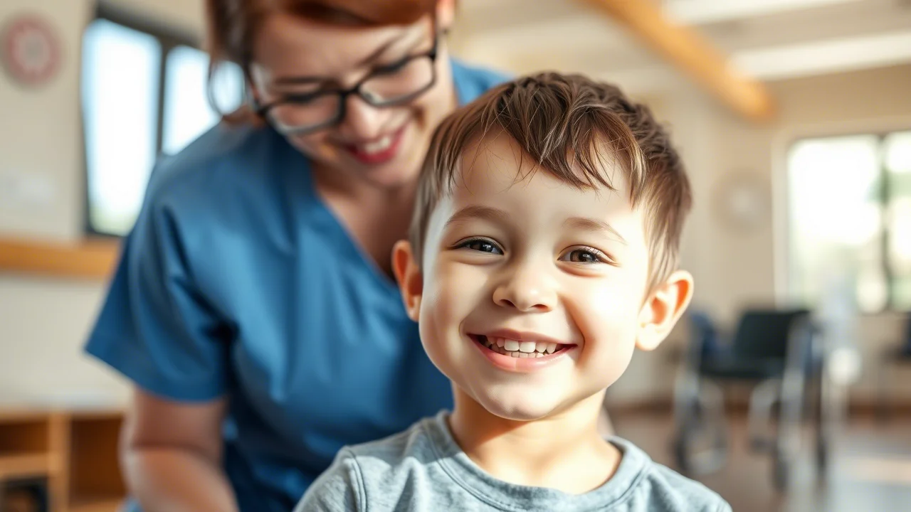 Foto di un terapista che lavora con un bambino con paralisi cerebrale in una palestra di riabilitazione luminosa, entrambi sorridono. Focus sul volto del bambino, obiettivo zoom 70-200mm a circa 100mm, luce naturale brillante, effetto bokeh sullo sfondo.