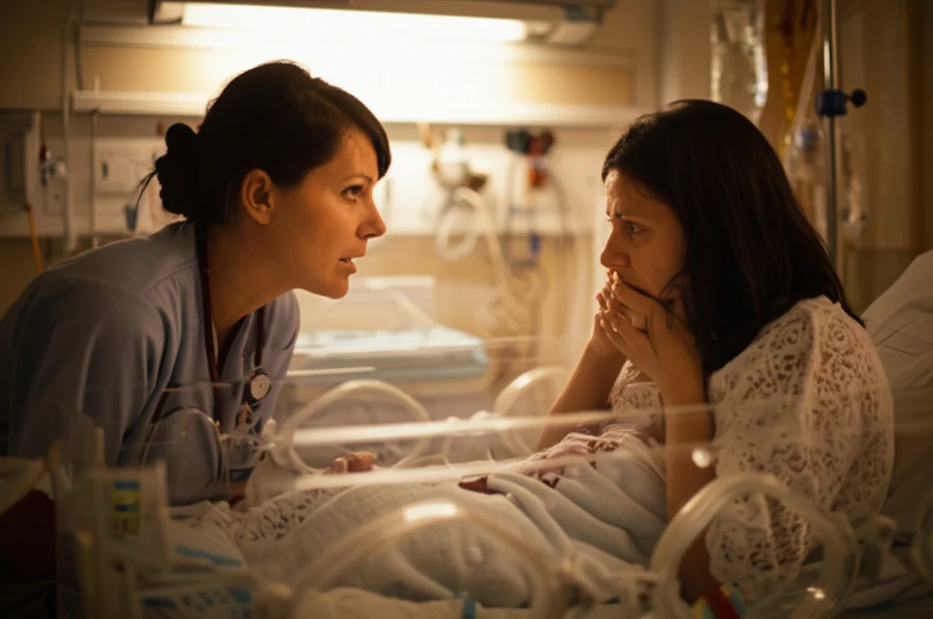 Fotografia di ritratto, primo piano, infermiera sorridente che parla con una giovane madre preoccupata accanto a un'incubatrice in un'unità di terapia intensiva neonatale, luce soffusa e calda, obiettivo 35mm, profondità di campo ridotta per sfocare lo sfondo.