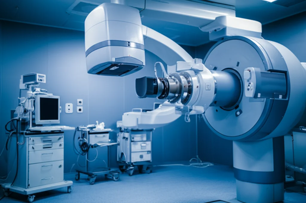 Fotografia realistica di una macchina Gamma Knife per radiochirurgia stereotassica in una sala operatoria high-tech, obiettivo prime 35mm, profondità di campo ridotta per focalizzare sulla macchina, toni freddi blu e grigio.