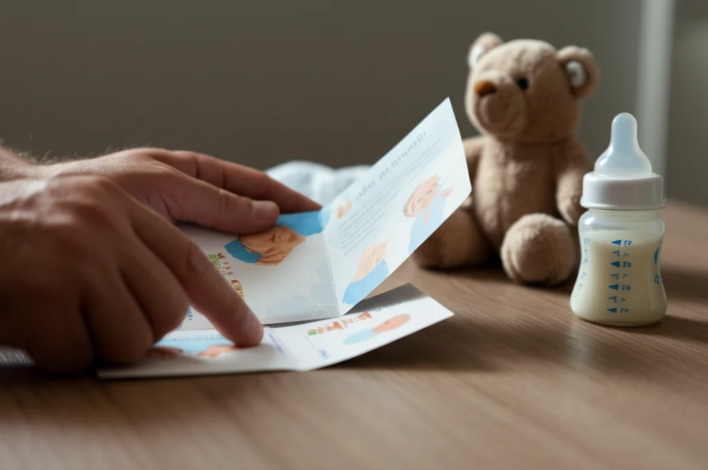 Fotografia still life, macro, mano di un genitore che sfoglia delicatamente un opuscolo informativo sulla cura del neonato su un tavolo di legno, accanto a un biberon e un piccolo peluche, illuminazione controllata e dettagli elevati, obiettivo macro 100mm.