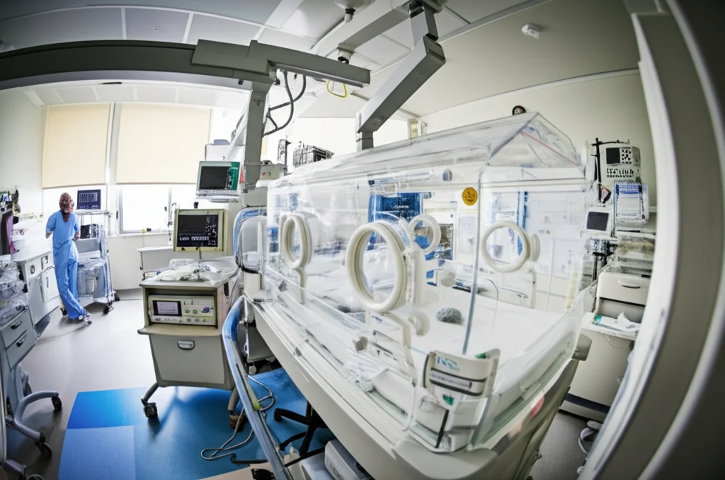 Fotografia grandangolare, interno di una moderna e luminosa unità di terapia intensiva neonatale, diverse incubatrici visibili, un'infermiera in lontananza che controlla un monitor, atmosfera calma e rassicurante, obiettivo grandangolare 20mm, messa a fuoco nitida.