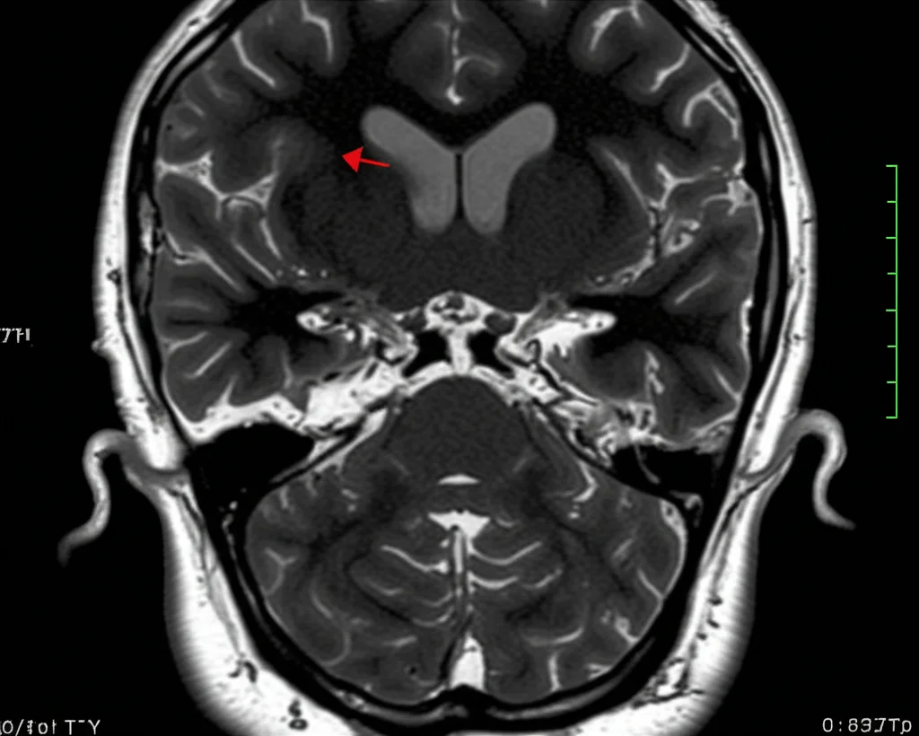 Immagine macro di una risonanza magnetica cerebrale (MRI) con contrasto, focale 70mm, che mostra in dettaglio una fistola artero-venosa durale residua vicino al seno sigmoideo prima del secondo trattamento SRS, illuminazione controllata per evidenziare le strutture vascolari anomale.