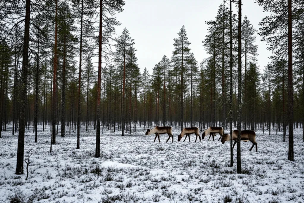 Fotografia paesaggistica, grandangolo 15mm, foresta boreale svedese in inverno, pini silvestri fitti e scuri (strategia BAU) con poca luce al suolo, in contrasto netto con un'area adiacente più rada e luminosa (strategia CWL) dove pascola un piccolo gruppo di renne tra chiazze di lichene sulla neve, luce invernale diffusa, messa a fuoco nitida.