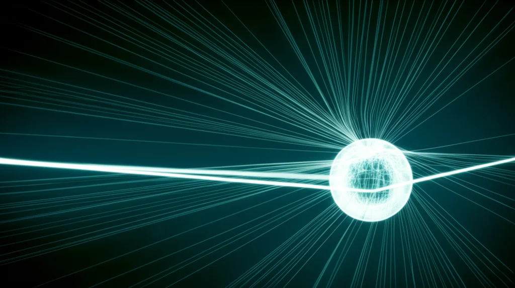 Illustrazione 3D astratta e fotorealistica che mostra fasci di radiazioni convergenti con precisione su un'area specifica del cervello simboleggiante il target della radiochirurgia stereotassica, obiettivo macro 100mm, alta definizione, sfondo scuro.