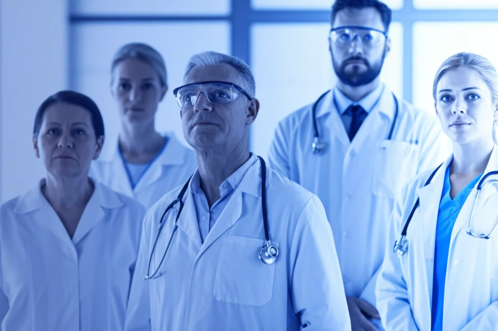Fotografia ritrattistica con obiettivo da 35mm, profondità di campo accentuata, che mostra un gruppo eterogeneo di pazienti dall'aspetto speranzoso e ricercatori dedicati che guardano verso il futuro, con una leggera dominante di colore blu e grigio duotono per un'atmosfera di serietà e speranza.