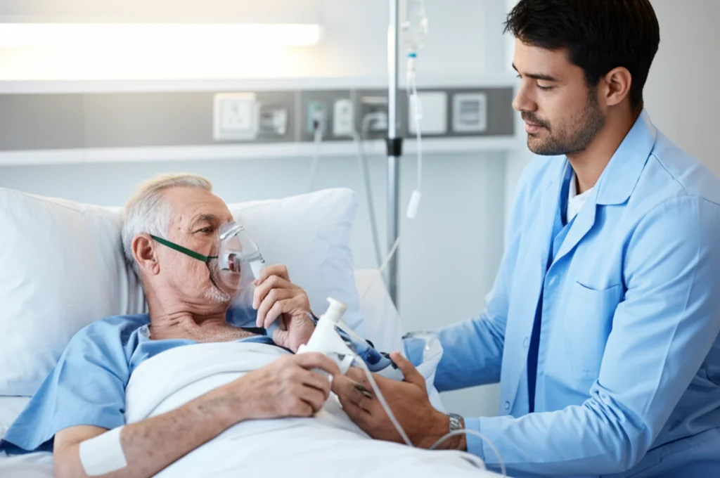 Un fisioterapista respiratorio che assiste un paziente anziano in un letto d'ospedale durante una sessione di riabilitazione polmonare. Il paziente, con una maschera per l'ossigeno, sta usando uno spirometro incentivante (RRT) sotto la guida del terapista. Luce clinica controllata, focus preciso sul paziente e sul dispositivo. Obiettivo prime, 35mm, profondità di campo per sfocare leggermente lo sfondo della stanza d'ospedale moderna e pulita.