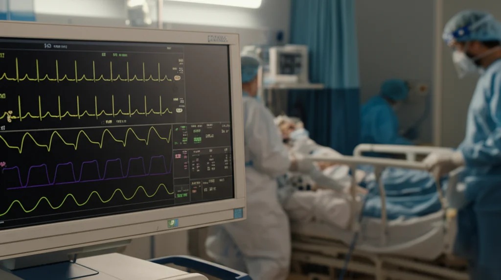 Primo piano di un monitor ECG in un'unità di terapia intensiva che mostra un tracciato cardiaco stabile. Sullo sfondo, sfocato, si intravede un paziente COVID-19 grave in un letto d'ospedale, assistito da personale medico che indossa DPI. Obiettivo macro, 80mm, alta definizione sui dettagli del monitor, illuminazione clinica controllata, atmosfera di vigilanza e cura.