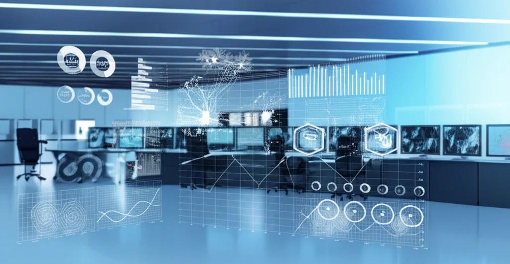 Immagine grandangolare con lente da 10-24mm, messa a fuoco nitida, che mostra complesse visualizzazioni di dati o grafici di reti neurali proiettati su uno schermo futuristico all'interno di un centro di ricerca high-tech, simboleggiando l'integrazione dei dati per migliorare i modelli predittivi.