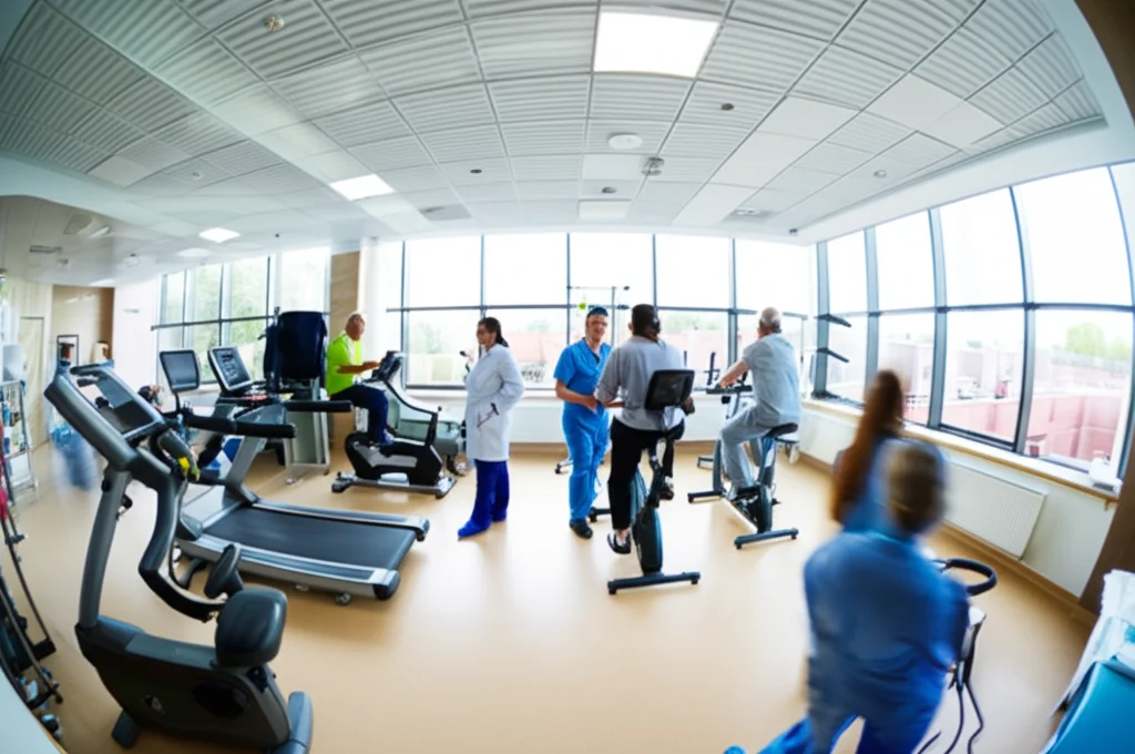 Vista grandangolare di un moderno reparto di riabilitazione polmonare in un ospedale. Pazienti di età diverse utilizzano varie attrezzature (cyclette, tapis roulant, spirometri) sotto la supervisione di terapisti. Luce naturale abbondante dalle finestre, atmosfera positiva e attiva. Obiettivo grandangolare, 15mm, messa a fuoco nitida su tutta la scena, long exposure per suggerire movimento e recupero.