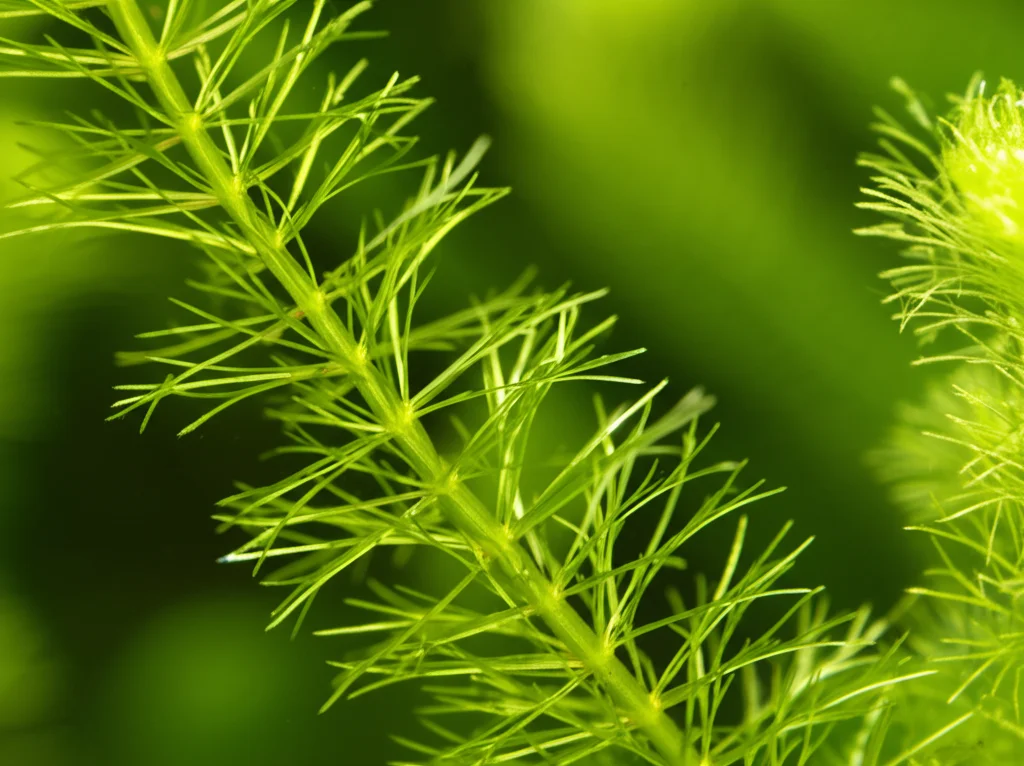 Macro fotografia di una foglia di Ceratophyllum demersum (pianta sommersa) sott'acqua nel Nilo, con dettagli delle strutture fogliari fini, luce solare che filtra attraverso l'acqua creando riflessi, obiettivo macro 90mm, alta definizione, messa a fuoco selettiva sulla foglia.