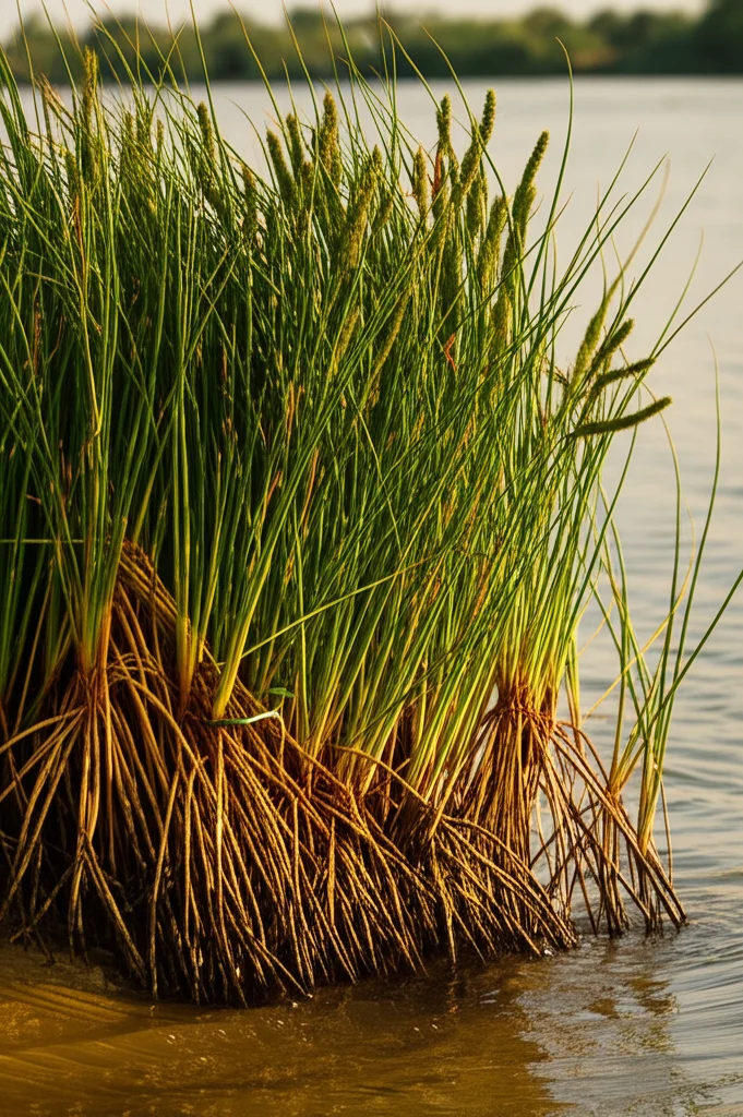 Fotografia a livello dell'acqua che mostra le radici intricate della pianta emergente Persicaria senegalensis ancorate nel sedimento fangoso sulla riva di un'isola del Nilo, con la parte aerea della pianta che si erge rigogliosa, luce calda del tardo pomeriggio, obiettivo 50mm, profondità di campo media.