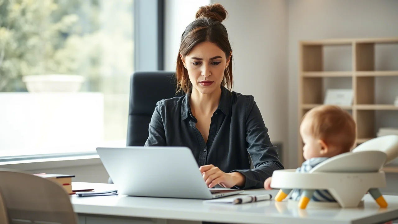 Fotografia stile reportage che mostra una giovane madre professionista, sui 30 anni, seduta alla scrivania del suo ufficio moderno e luminoso, mentre controlla delle email sul laptop. Accanto a lei, un seggiolone con un bambino piccolo che gioca. L'illuminazione è naturale, proveniente da una grande finestra. L'espressione della donna è concentrata ma leggermente stanca, a simboleggiare la difficoltà di bilanciare lavoro e famiglia. Obiettivo 35mm, profondità di campo media per mantenere a fuoco sia la donna che il bambino.
