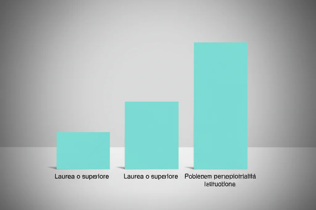 Grafico a barre stilizzato e fotorealistico che mostra il divario salariale di genere legato alla genitorialità per diversi livelli di istruzione. La barra per 'Laurea o superiore' è significativamente più alta delle altre, evidenziando la maggiore penalità. Luci da studio controllate, sfondo neutro grigio chiaro, alta definizione dei dettagli del grafico. Obiettivo macro 90mm per catturare i dettagli.