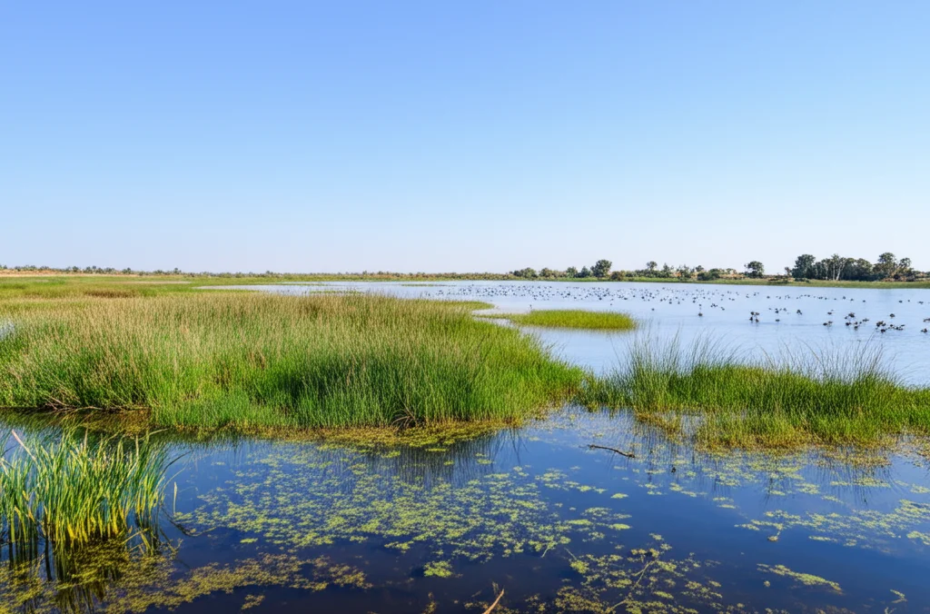 Veduta grandangolare di un ecosistema acquatico sano lungo la riva del Nilo, con una varietà di macrofite sommerse ed emergenti, acqua limpida che riflette il cielo azzurro, uccelli acquatici in lontananza, obiettivo grandangolare 24mm, messa a fuoco nitida su tutto il paesaggio, luce diurna brillante.