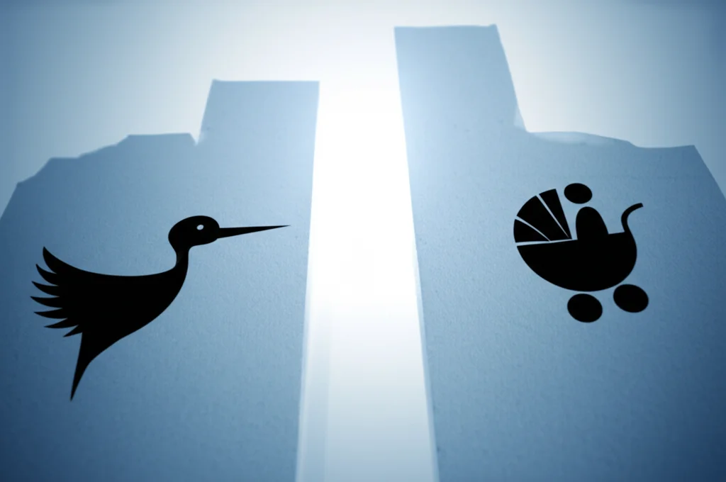 Immagine concettuale in stile fotorealistico: due percorsi di carriera affiancati. Uno, maschile, sale dritto e luminoso. L'altro, femminile, dopo un inizio simile, devia verso il basso e diventa più accidentato dopo un simbolo che rappresenta la nascita di un figlio (una cicogna stilizzata o un passeggino). L'immagine usa toni freddi, blu e grigi duotone, con una profondità di campo che sfoca lo sfondo per concentrarsi sui percorsi. Obiettivo 24mm per una visione ampia.