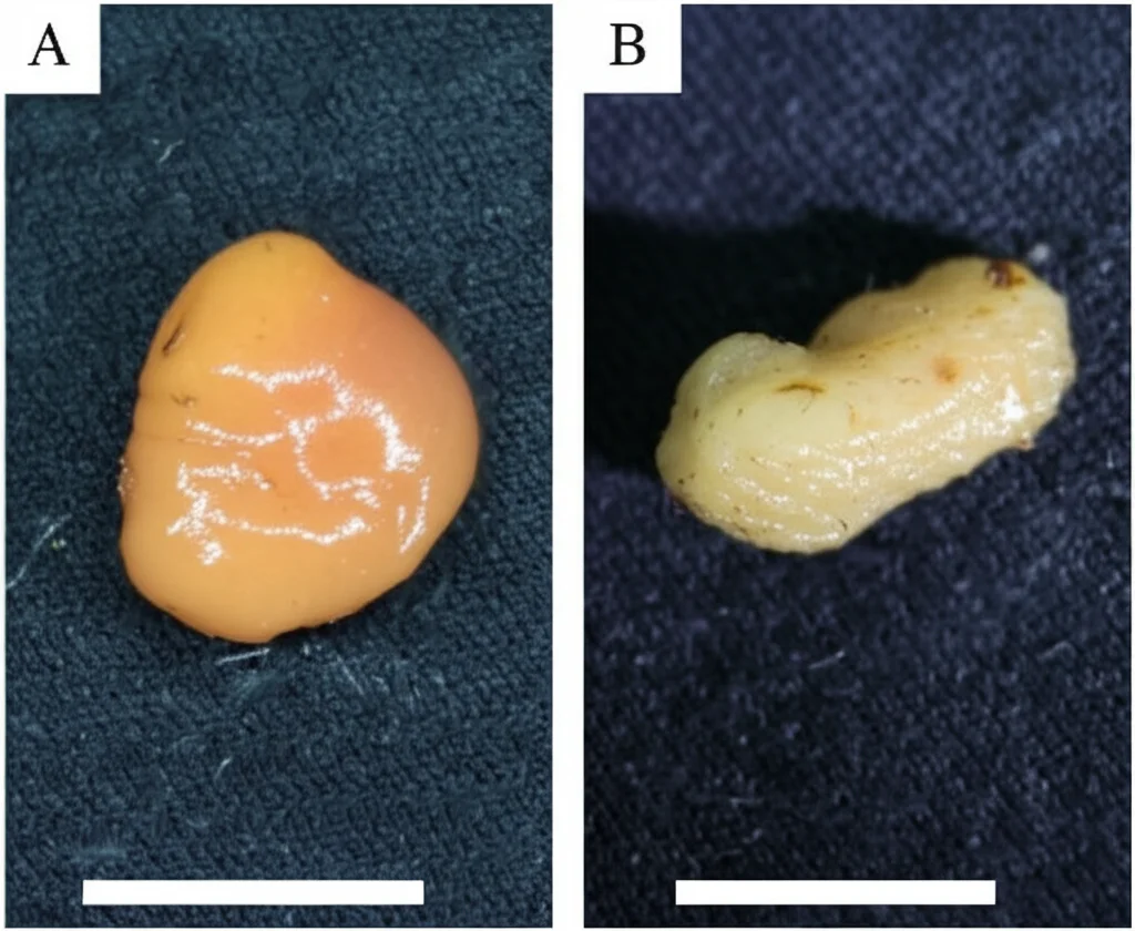 Fotografia di tumori rimossi da modelli murini dopo il trattamento. Si vedono chiaramente le differenze di dimensione tra il gruppo di controllo (tumore grande) e il gruppo trattato con la combinazione Olaparib/Cisplatino (tumore molto piccolo). Messa a fuoco precisa sui campioni, illuminazione da studio controllata, obiettivo macro 60mm.